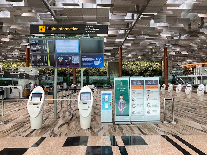 Havalimanında check-in alanında kuyruk ve görevliler yolculara hizmet veriyor
